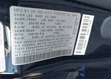 2010 Porsche Cayenne из США, поврежденный, VIN WP1AA2AP9ALA05768